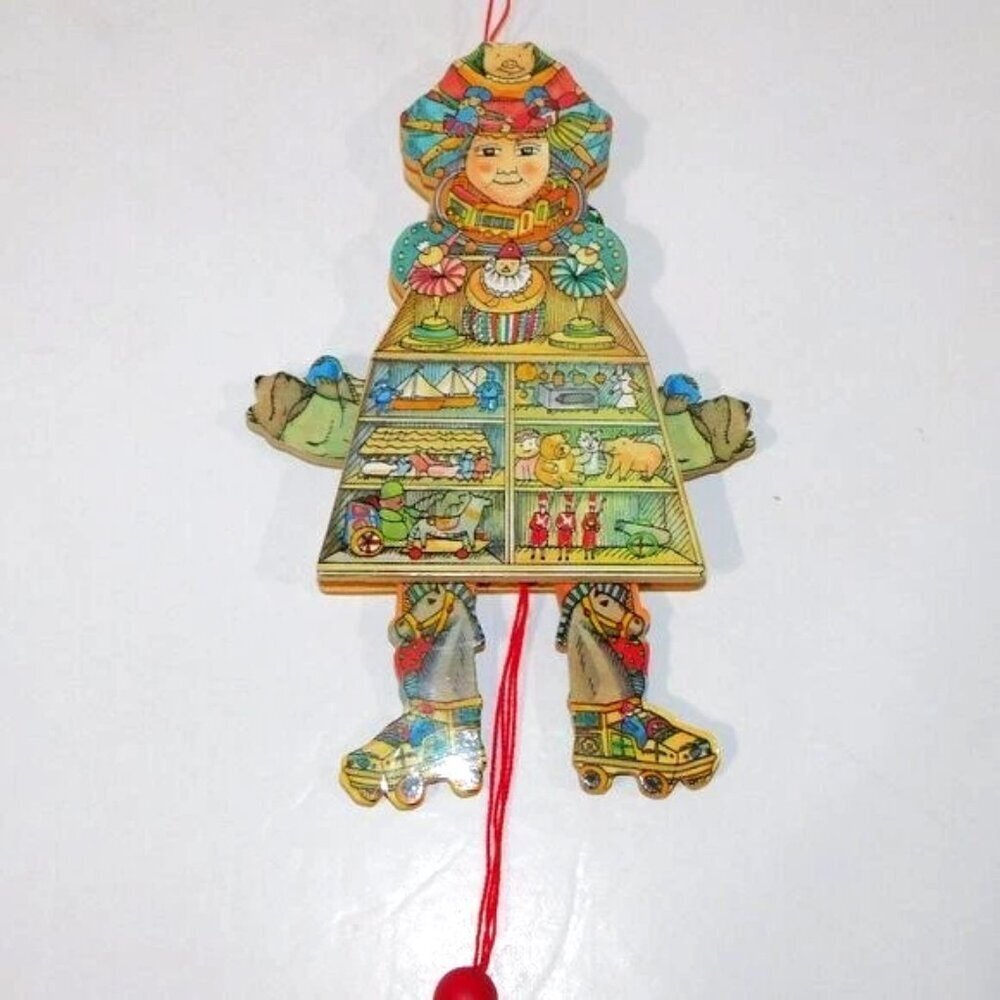 VTG 80s Wood Pull String jumping Jack Ornament Susan Feves Toy Store Theme 7"